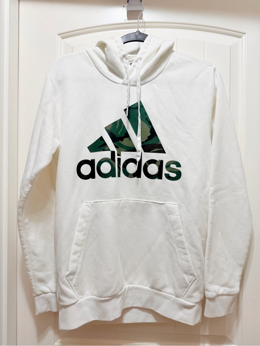 adidas White Crewneck Hoodie with Green Camo Logo